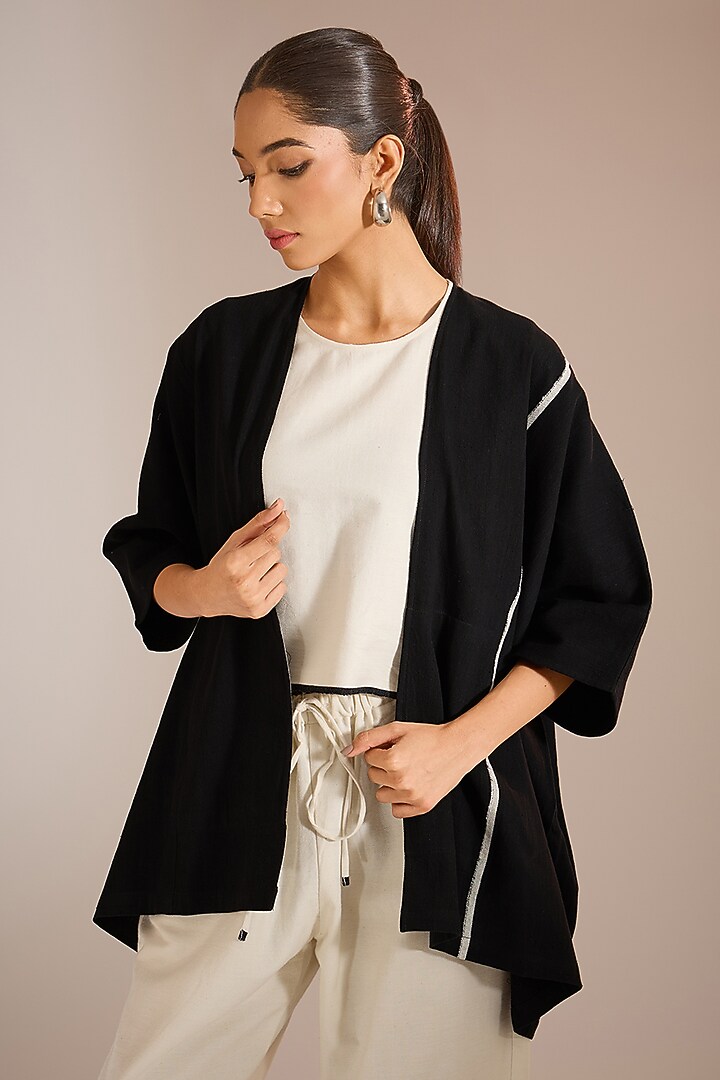 Black Handloom Denim Block Printed Overlay Jacket by Urvashi Kaur at Pernia's Pop Up Shop