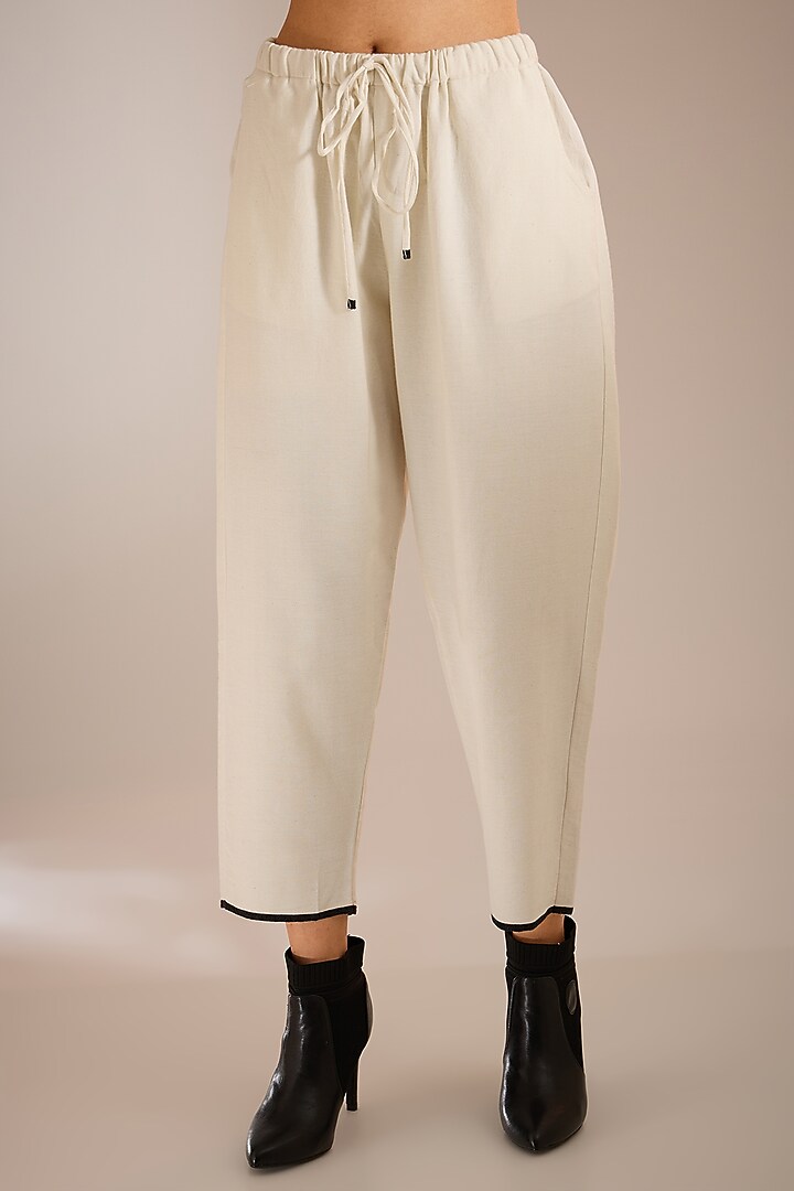 White Handloom Denim Straight Pants by Urvashi Kaur at Pernia's Pop Up Shop