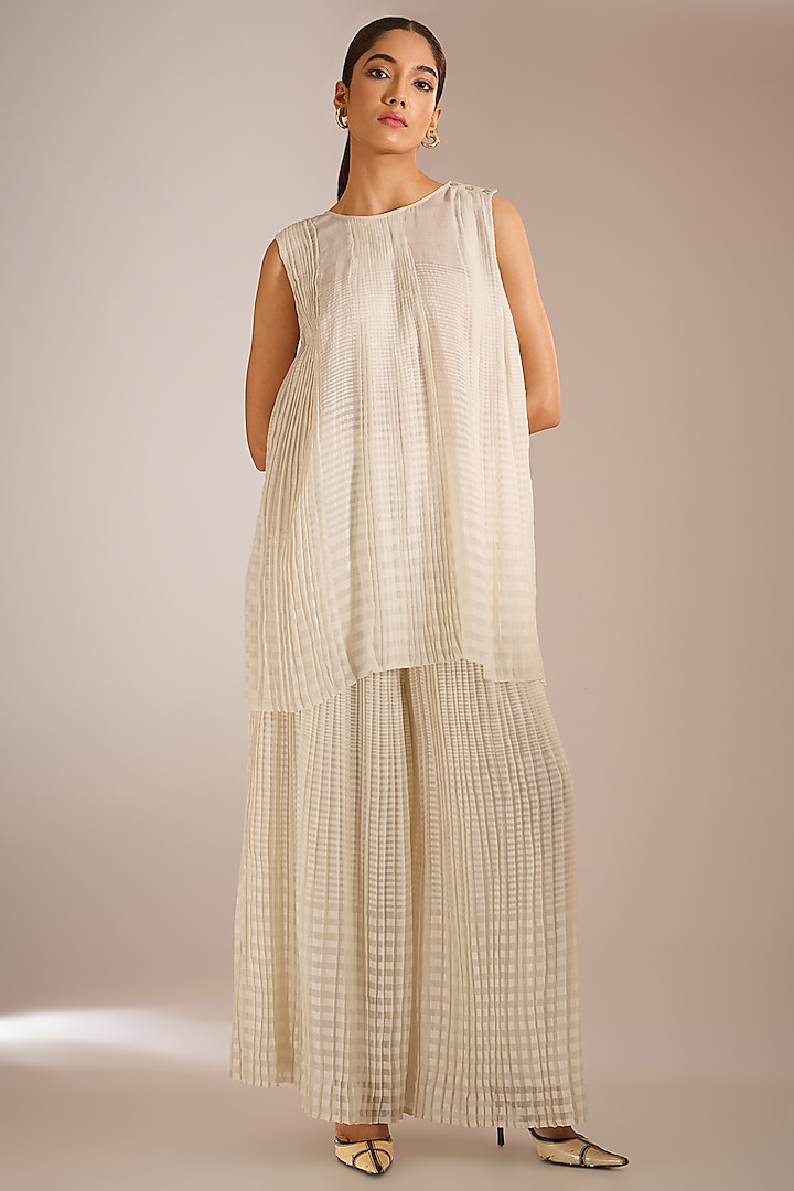 Ecru White Handwoven Chanderi Silk Pleated Top by Urvashi Kaur at Pernia's Pop Up Shop