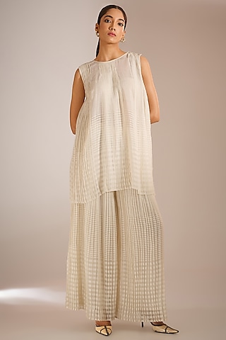 Ecru White Handwoven Chanderi Silk Pleated Top by Urvashi Kaur