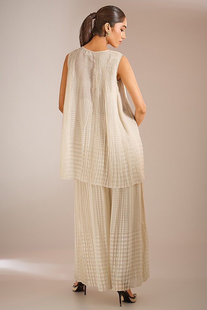 Ecru White Handwoven Chanderi Silk Pleated Top by Urvashi Kaur at Pernia's Pop Up Shop