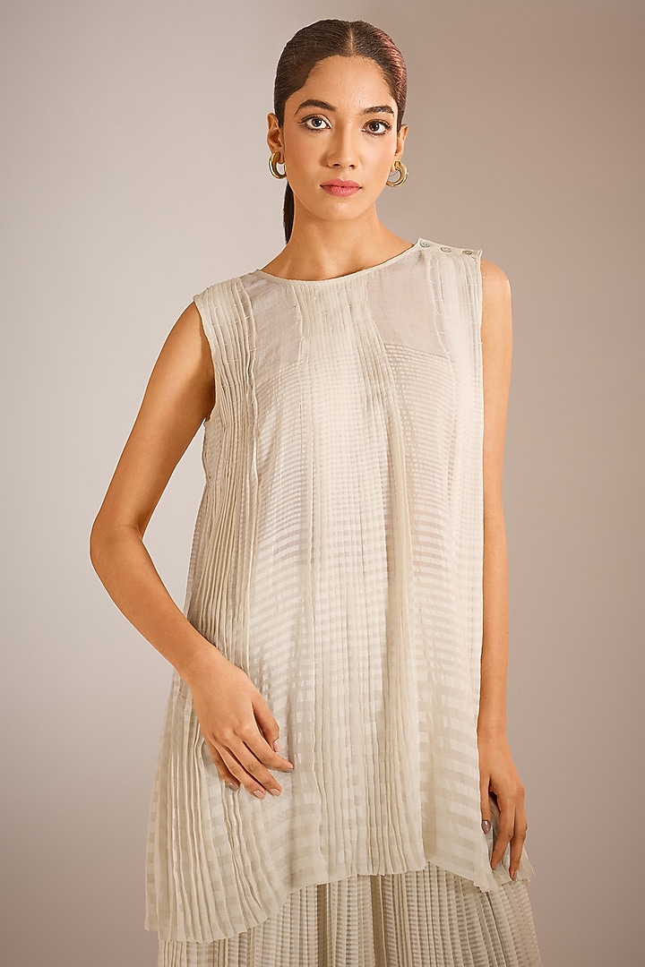 Ecru White Handwoven Chanderi Silk Pleated Top by Urvashi Kaur at Pernia's Pop Up Shop