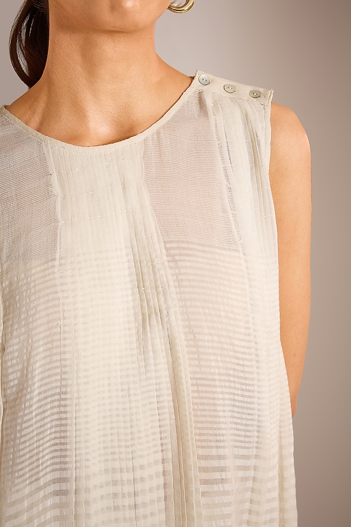 Ecru White Handwoven Chanderi Silk Pleated Top by Urvashi Kaur at Pernia's Pop Up Shop