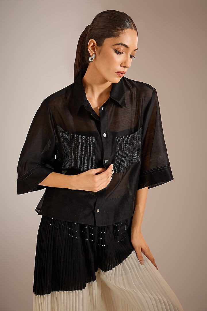 Charcoal Black Chanderi Cotton Silk Cropped Shirt by Urvashi Kaur at Pernia's Pop Up Shop