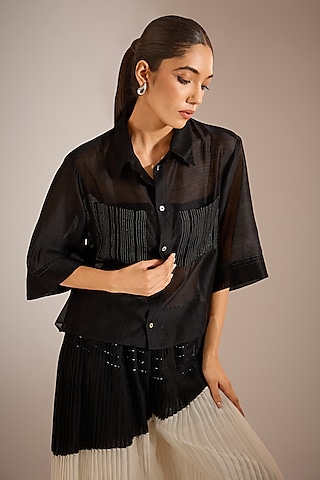 Charcoal Black Chanderi Cotton Silk Cropped Shirt by Urvashi Kaur