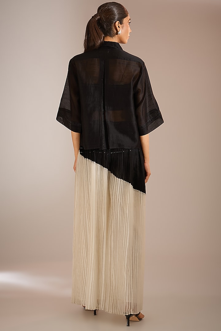 Charcoal Black Chanderi Cotton Silk Cropped Shirt by Urvashi Kaur at Pernia's Pop Up Shop