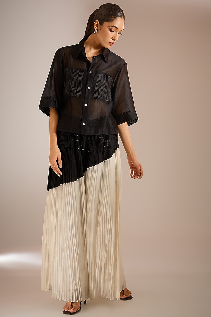 Charcoal Black Chanderi Cotton Silk Cropped Shirt by Urvashi Kaur at Pernia's Pop Up Shop