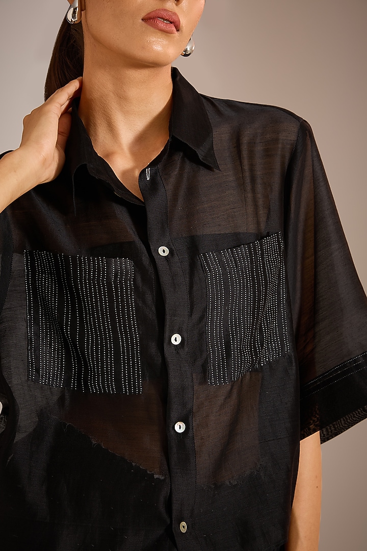 Charcoal Black Chanderi Cotton Silk Cropped Shirt by Urvashi Kaur at Pernia's Pop Up Shop