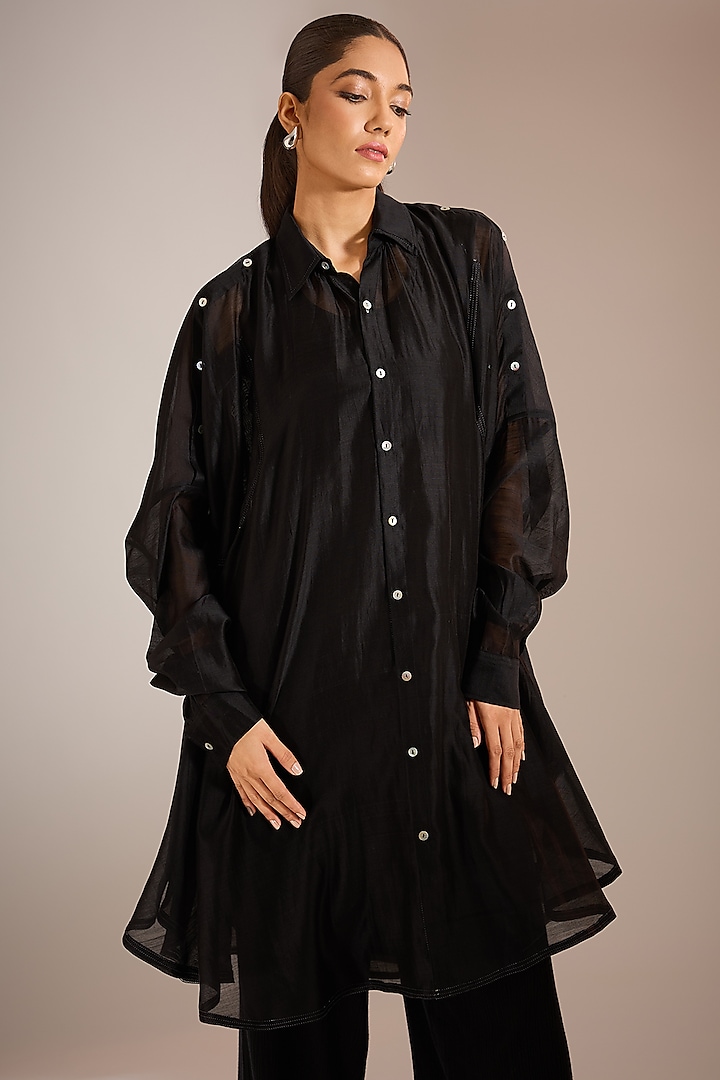 Black Handloom Chanderi Silk Oversized Shirt by Urvashi Kaur at Pernia's Pop Up Shop