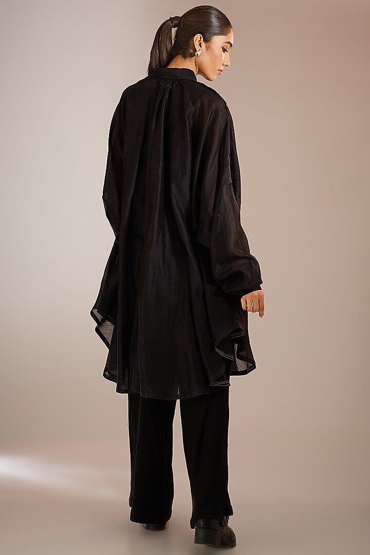 Black Handloom Chanderi Silk Oversized Shirt by Urvashi Kaur at Pernia's Pop Up Shop