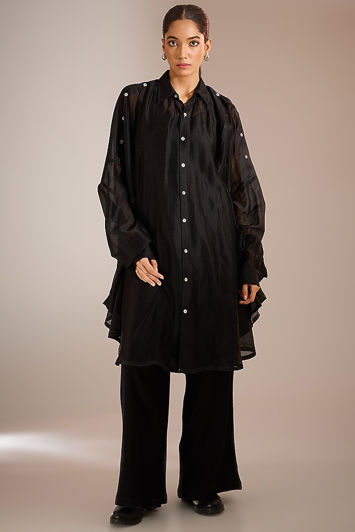 Black Handloom Chanderi Silk Oversized Shirt by Urvashi Kaur at Pernia's Pop Up Shop