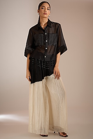 Shell White & Black Handloom Cotton Silk Pleated Pants by Urvashi Kaur