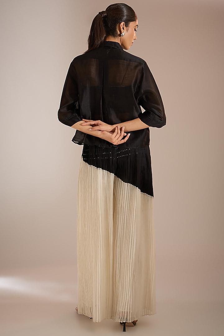 Shell White & Black Handloom Cotton Silk Pleated Pants by Urvashi Kaur at Pernia's Pop Up Shop