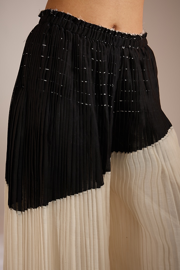 Shell White & Black Handloom Cotton Silk Pleated Pants by Urvashi Kaur at Pernia's Pop Up Shop