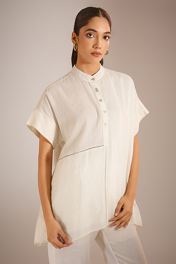 Ecru White Linen Silk A-Line Top by Urvashi Kaur at Pernia's Pop Up Shop