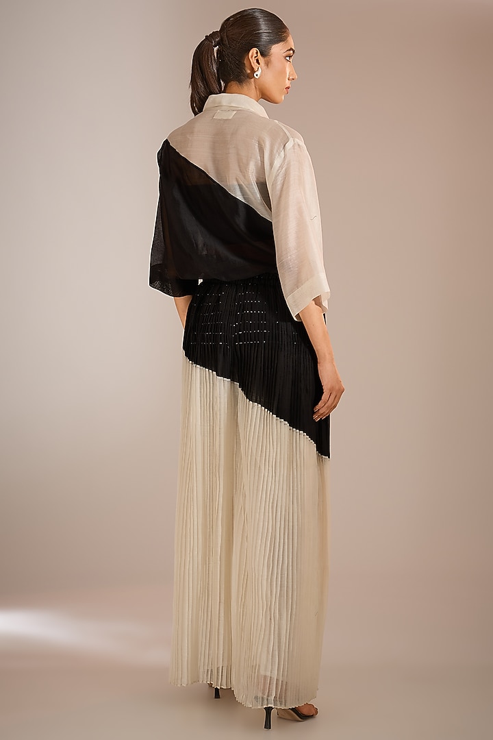 Shell White & Black Chanderi Cotton Silk Color-Blocked Shirt by Urvashi Kaur at Pernia's Pop Up Shop