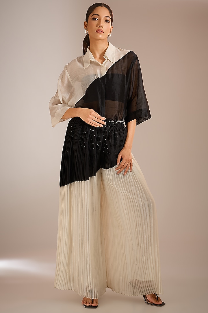 Shell White & Black Chanderi Cotton Silk Color-Blocked Shirt by Urvashi Kaur at Pernia's Pop Up Shop