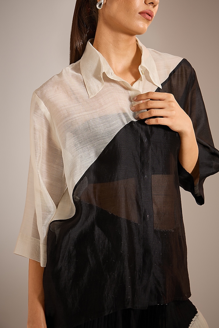 Shell White & Black Chanderi Cotton Silk Color-Blocked Shirt by Urvashi Kaur at Pernia's Pop Up Shop