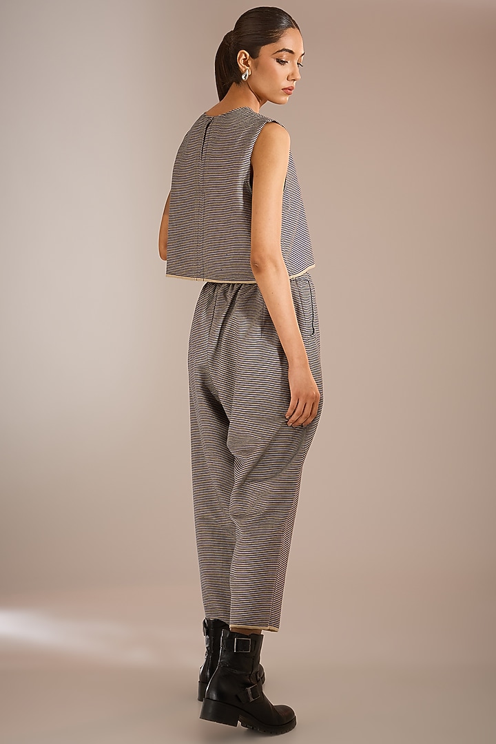 Blue & Beige Handloom Striped Denim Straight-Fit Pants by Urvashi Kaur at Pernia's Pop Up Shop