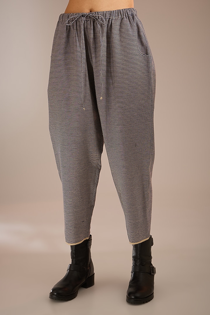 Blue & Beige Handloom Striped Denim Straight-Fit Pants by Urvashi Kaur at Pernia's Pop Up Shop