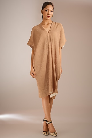 Nude Crinkle Cotton Kaftan Dress by Urvashi Kaur