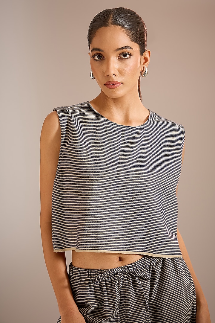 Blue & Beige Handloom Striped Denim Crop Top by Urvashi Kaur at Pernia's Pop Up Shop