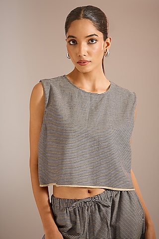 Blue & Beige Handloom Striped Denim Crop Top by Urvashi Kaur