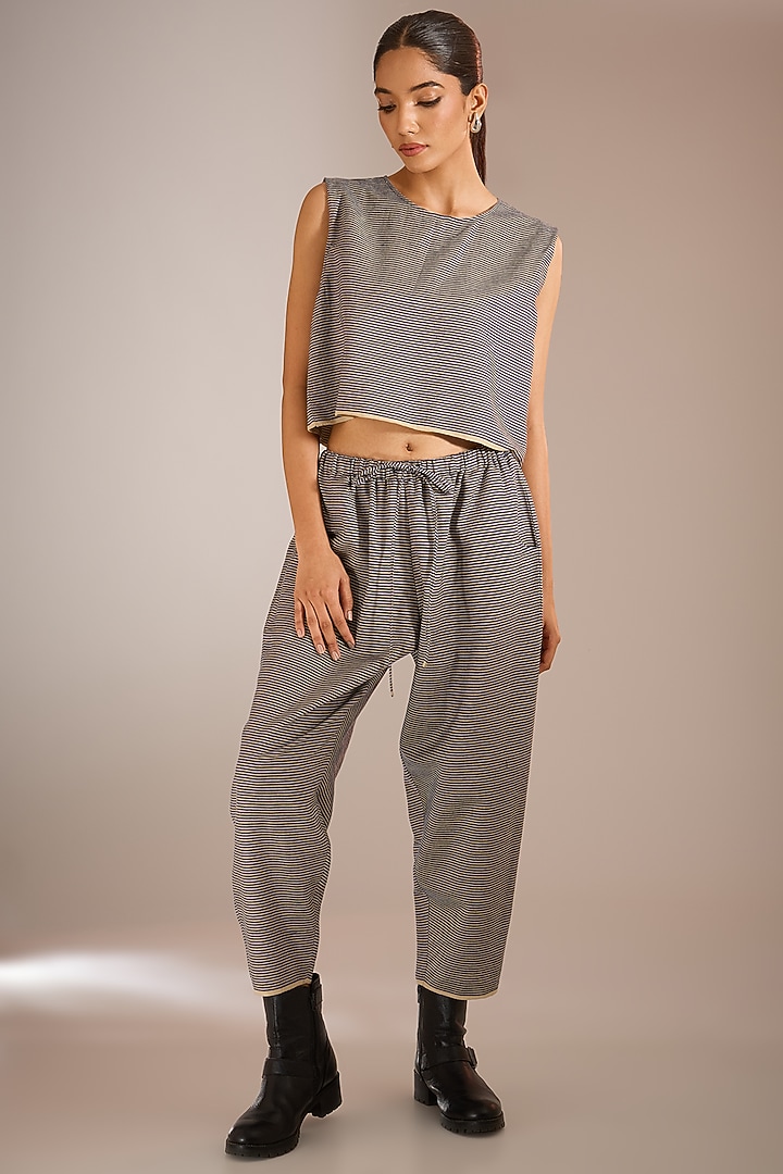 Blue & Beige Handloom Striped Denim Crop Top by Urvashi Kaur at Pernia's Pop Up Shop