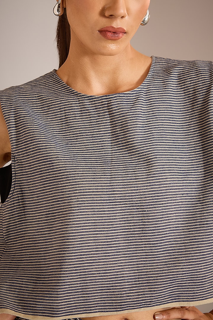Blue & Beige Handloom Striped Denim Crop Top by Urvashi Kaur at Pernia's Pop Up Shop