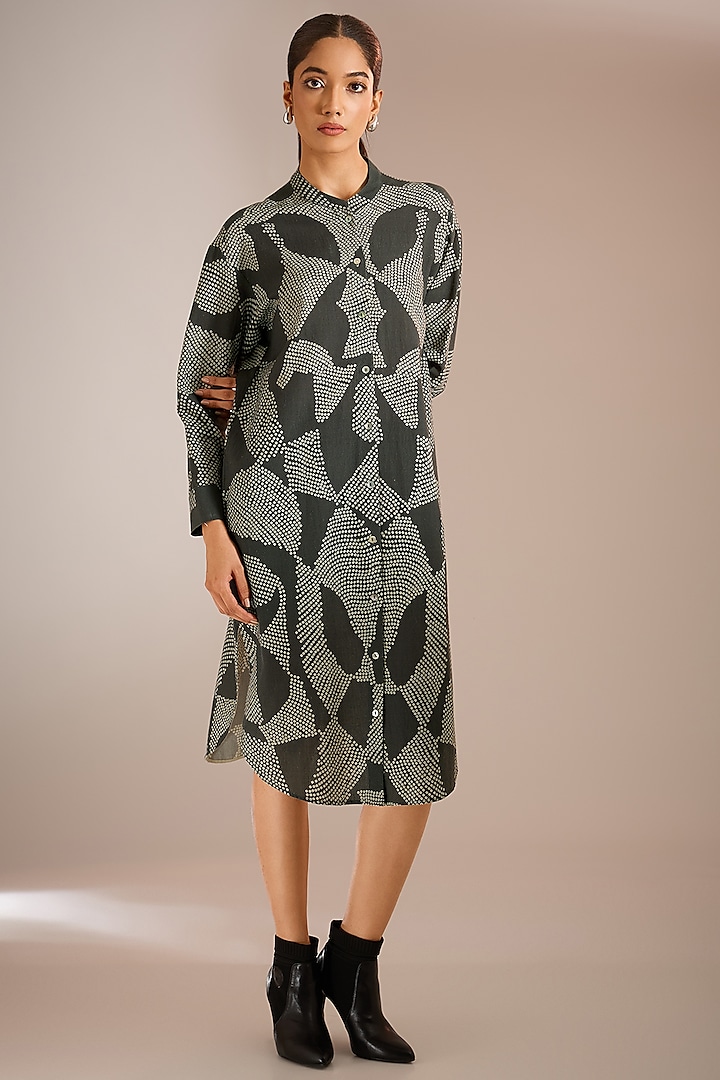 Black Cotton Shibori Printed Shirt Dress by Urvashi Kaur at Pernia's Pop Up Shop