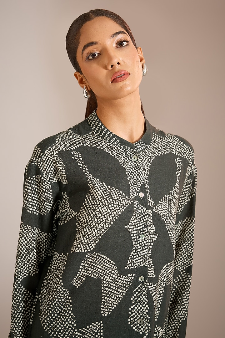 Black Cotton Shibori Printed Vacation Shirt Dress by Urvashi Kaur at Pernia's Pop Up Shop