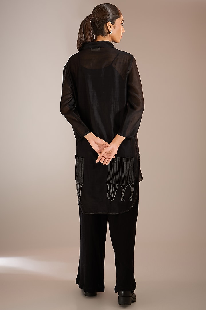 Black Handloom Chanderi Silk High-Low Shirt by Urvashi Kaur at Pernia's Pop Up Shop