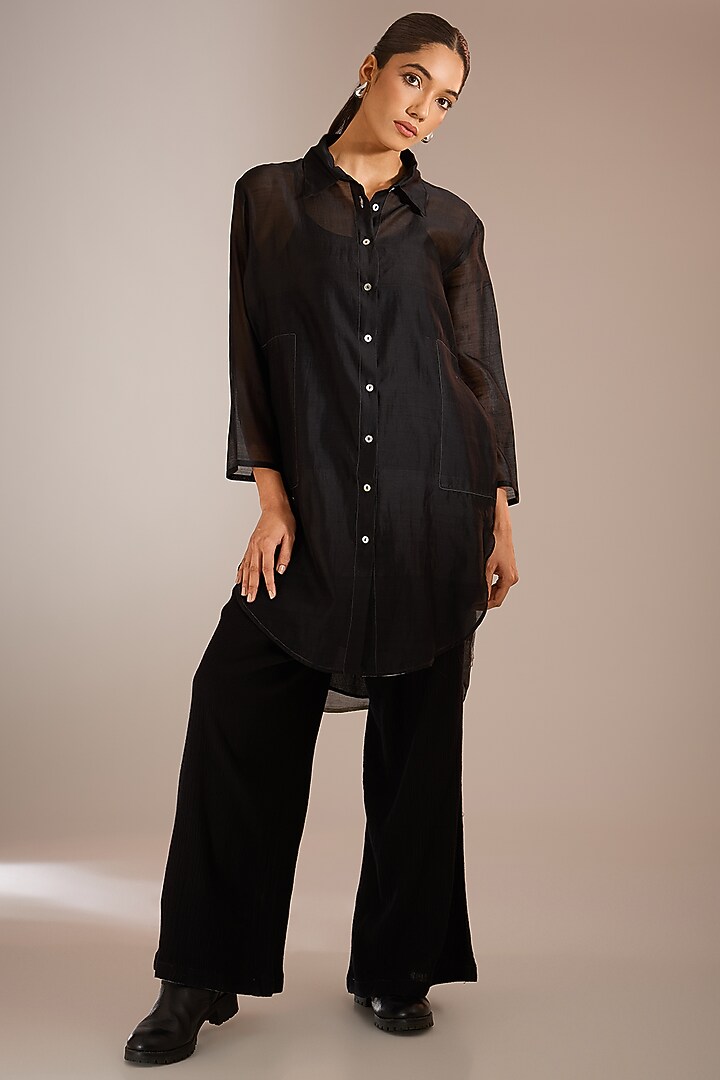 Black Handloom Chanderi Silk High-Low Shirt by Urvashi Kaur at Pernia's Pop Up Shop