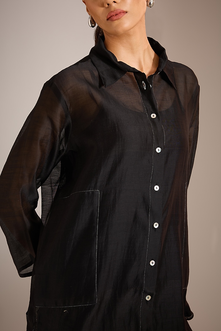 Black Handloom Chanderi Silk High-Low Shirt by Urvashi Kaur at Pernia's Pop Up Shop