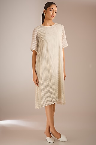 Ecru White Handwoven Chanderi Silk Pleated Shift Dress by Urvashi Kaur