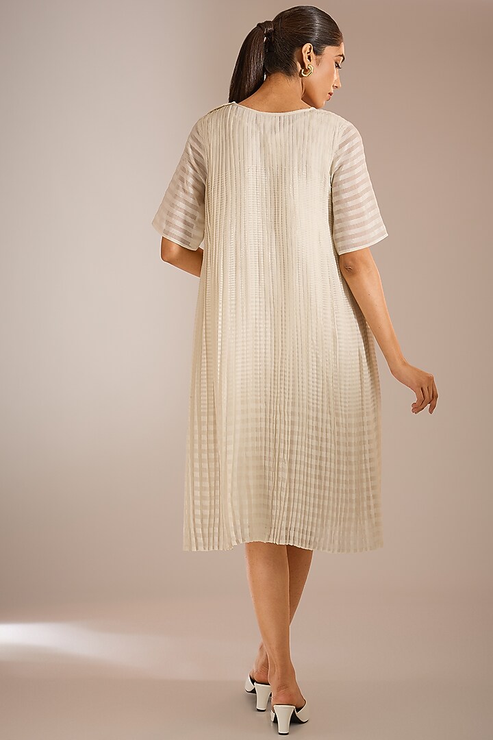Ecru White Handwoven Chanderi Silk Pleated Shift Vacation Dress by Urvashi Kaur at Pernia's Pop Up Shop