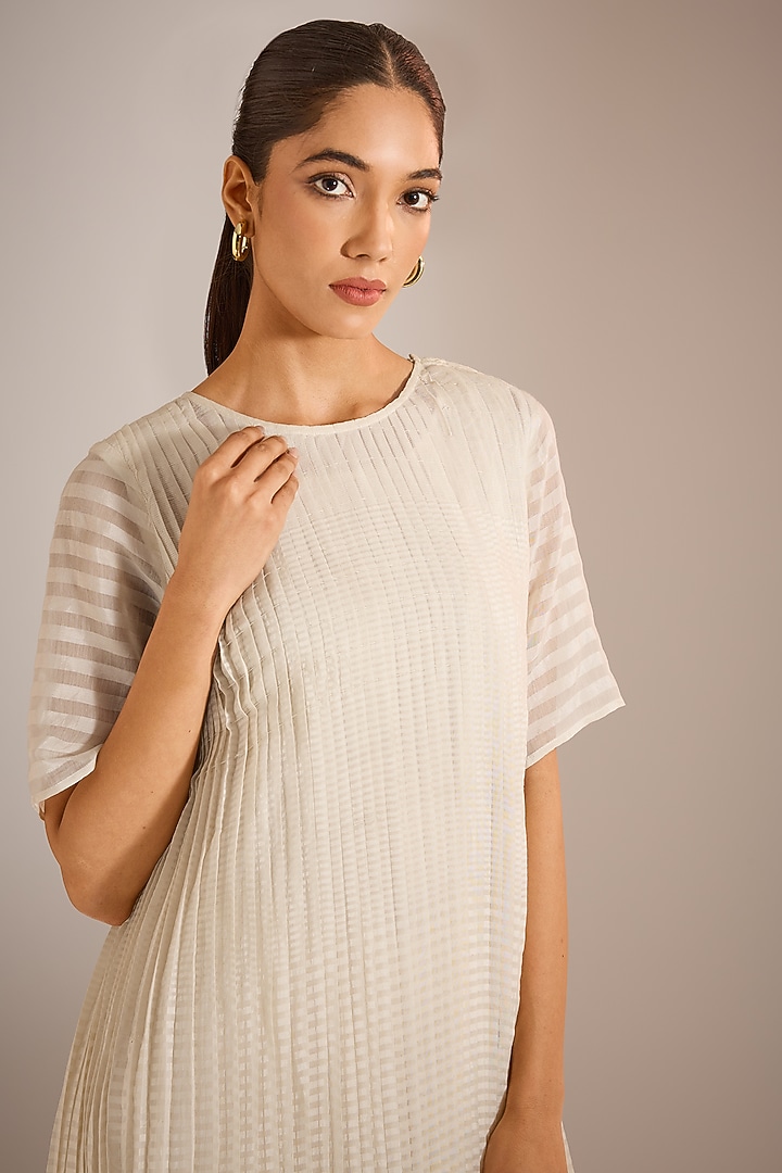 Ecru White Handwoven Chanderi Silk Pleated Shift Vacation Dress by Urvashi Kaur at Pernia's Pop Up Shop