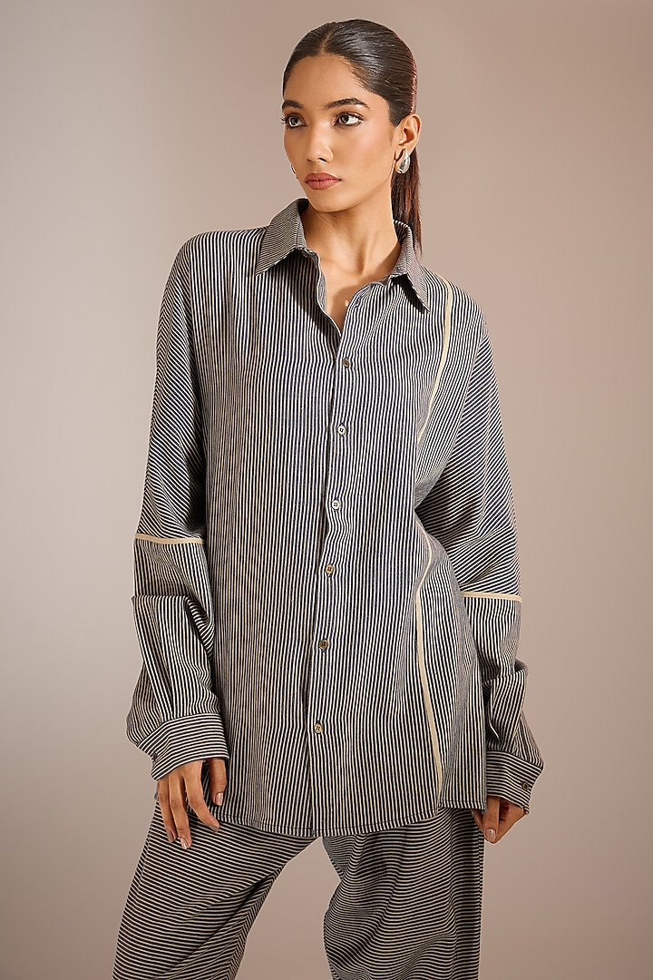 Blue & Beige Handloom Striped Denim Boxy Shirt by Urvashi Kaur at Pernia's Pop Up Shop