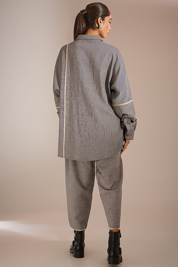 Blue & Beige Handloom Striped Denim Boxy Shirt by Urvashi Kaur at Pernia's Pop Up Shop