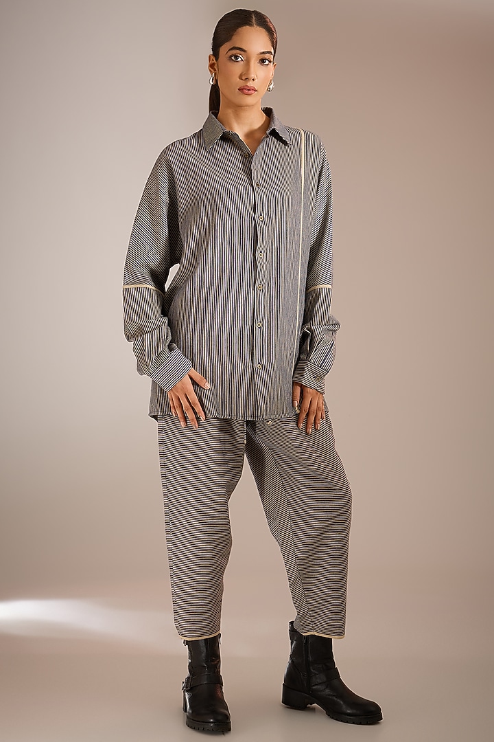 Blue & Beige Handloom Striped Denim Boxy Shirt by Urvashi Kaur at Pernia's Pop Up Shop