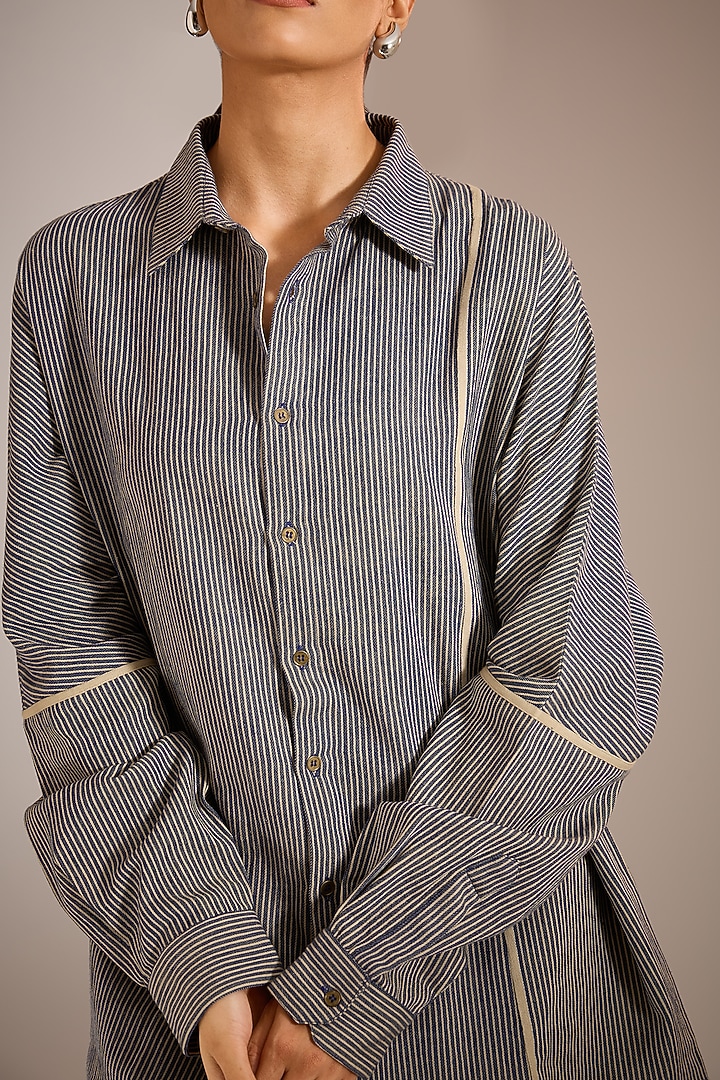Blue & Beige Handloom Striped Denim Boxy Shirt by Urvashi Kaur at Pernia's Pop Up Shop
