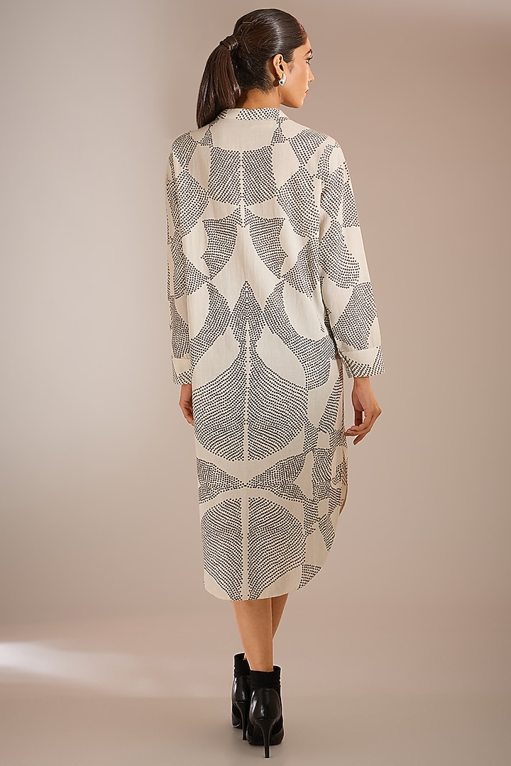 Ecru Cotton Shibori Printed Vacation Shirt Dress by Urvashi Kaur at Pernia's Pop Up Shop