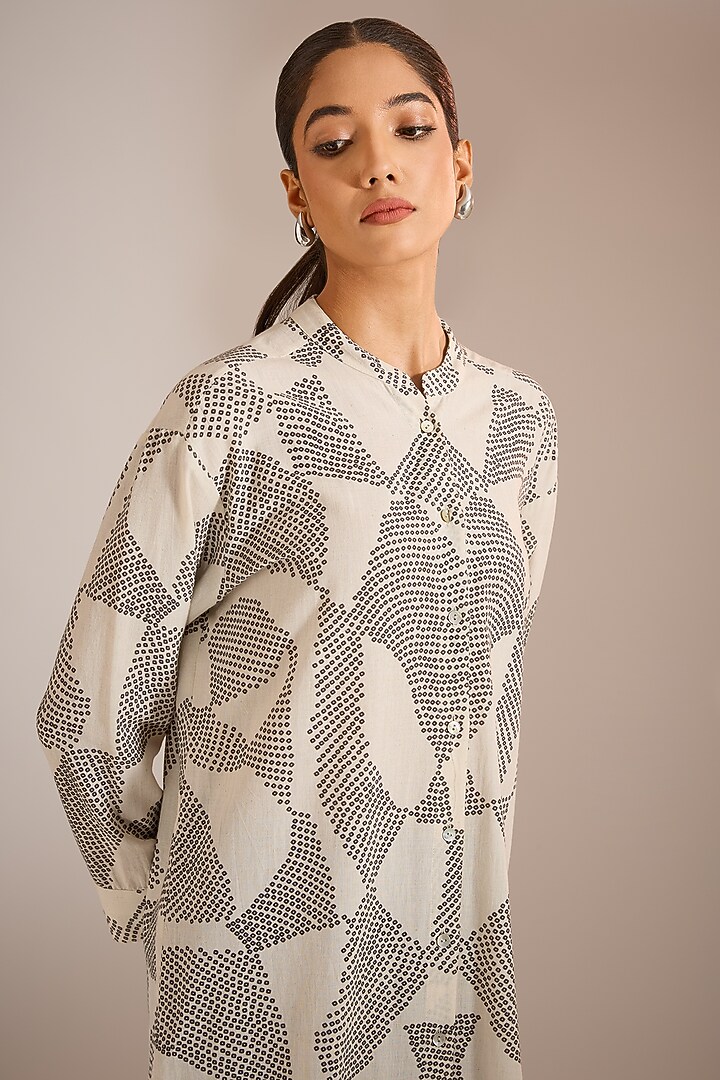 Ecru Cotton Shibori Printed Vacation Shirt Dress by Urvashi Kaur at Pernia's Pop Up Shop