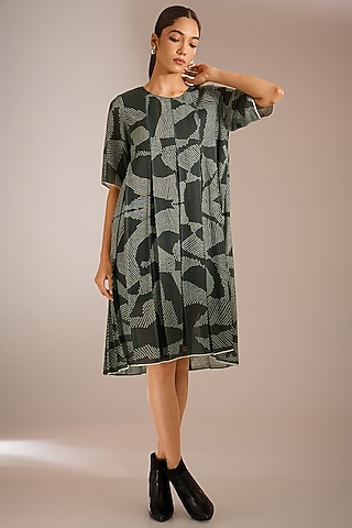 Black Handloom Cotton Khadi Shibori Printed Dress by Urvashi Kaur