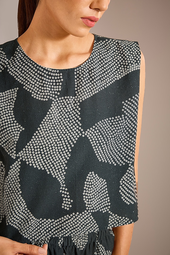 Black Handloom Khadi Cotton Shibori Printed Crop Top by Urvashi Kaur at Pernia's Pop Up Shop