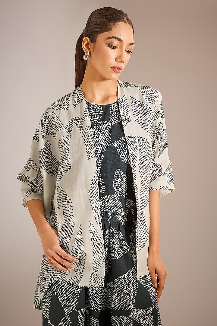 Charcoal Black Handloom Cotton Khadi Shibori Printed Crop Top by Urvashi Kaur at Pernia's Pop Up Shop