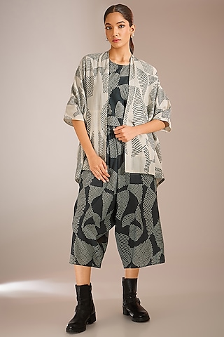 Black Handloom Cotton Khadi Shibori Printed Lounge Pants by Urvashi Kaur