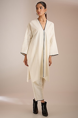 White Handloom Denim Panelled Dress by Urvashi Kaur