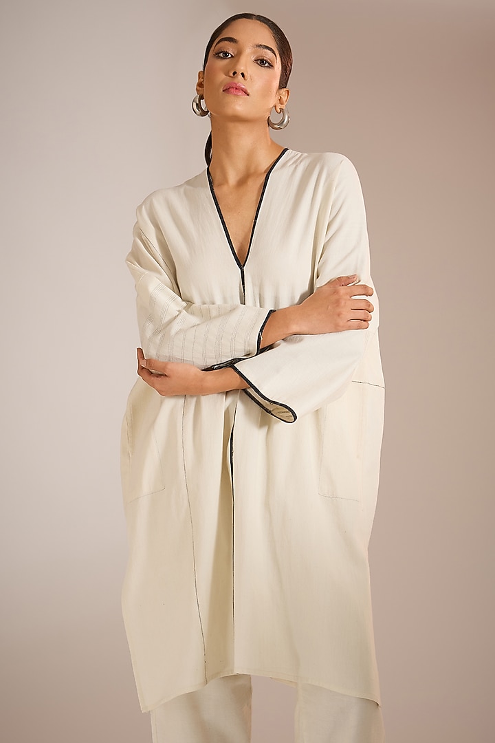 White Handloom Denim Panelled Summer Dress by Urvashi Kaur at Pernia's Pop Up Shop
