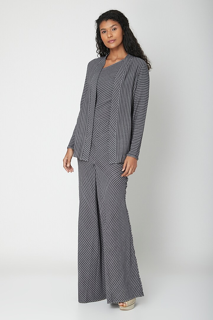Black Printed Striped Jacket by Urvashi Kaur at Pernia's Pop Up Shop